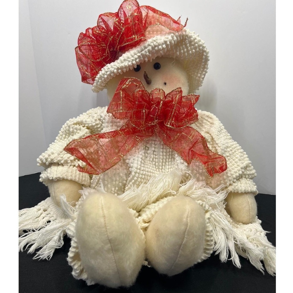Vintage Primitive Snowman Plush Doll Cream Knit Outfit Red Bows 24 Inch Holiday